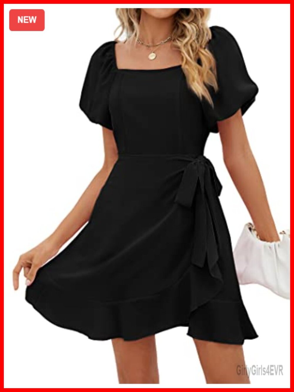 Womens Summer Mini Dress Square Neck Puff Sleeve Tie Waist A-Line
